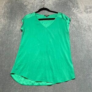 Express Blouse Top Womens Medium Green Stretch V Neck Fitted Cap Sleeve Formal